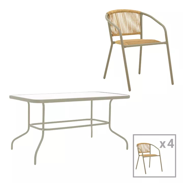 Valor-Lindaria pakoworld dining set 5pcs metal in champagne and pe rattan in natural shade 110x60x70cm