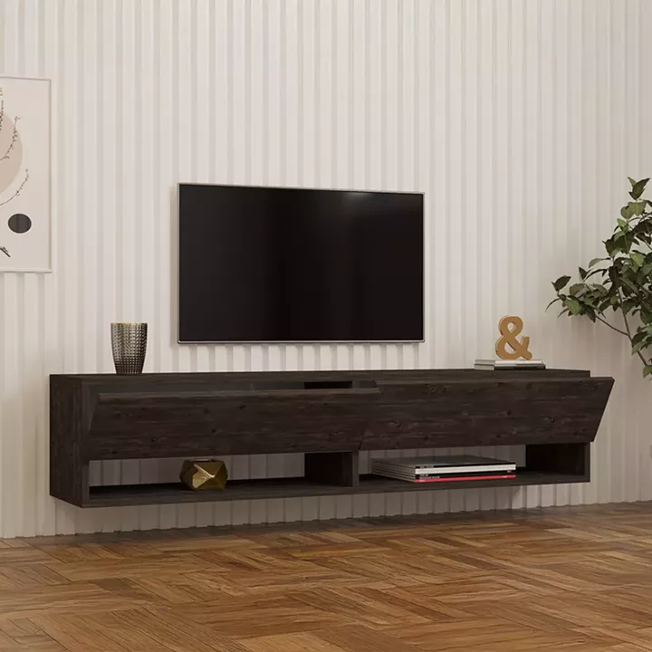 Melosa pakoworld wall-mounted TV cabinet in dark walnut shade 141x30x31cm