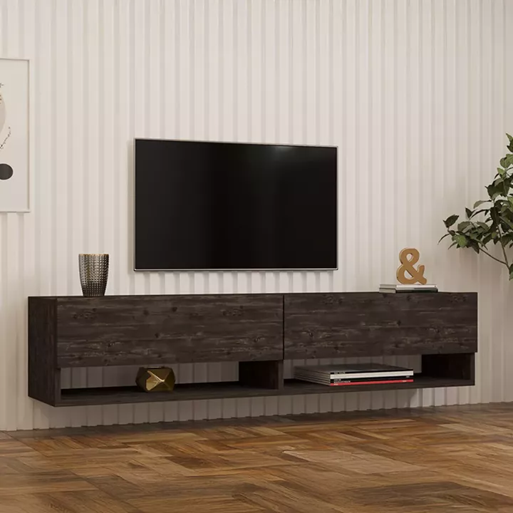 Melosa pakoworld wall-mounted TV cabinet in dark walnut shade 141x30x31cm