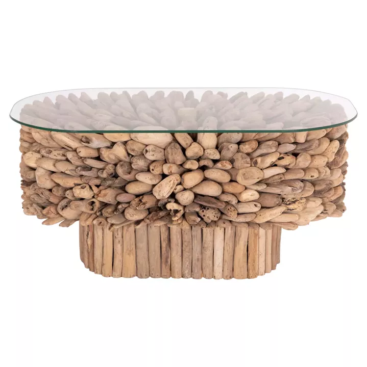 COFFEE TABLE OVAL SPARROW HM9962 DRIFTWOOD--GLASS 106x55,5x50,5Hcm.