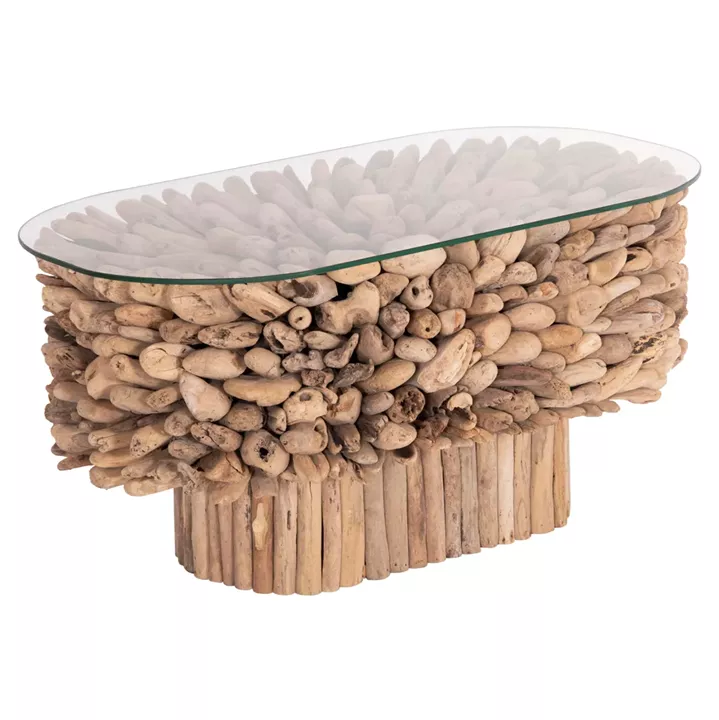 COFFEE TABLE OVAL SPARROW HM9962 DRIFTWOOD--GLASS 106x55,5x50,5Hcm.