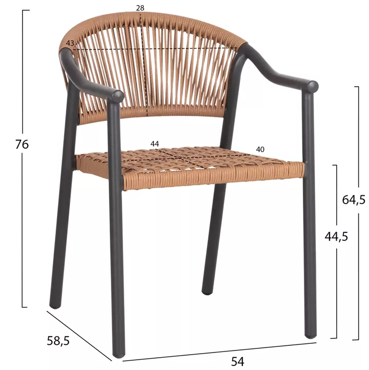 DINING ARMCHAIR KERLY HM6050.10 ALUMINUM IN DARK GREY--P.E.RATTAN IN BEIGE COLOR 54x58.5x76Hcm