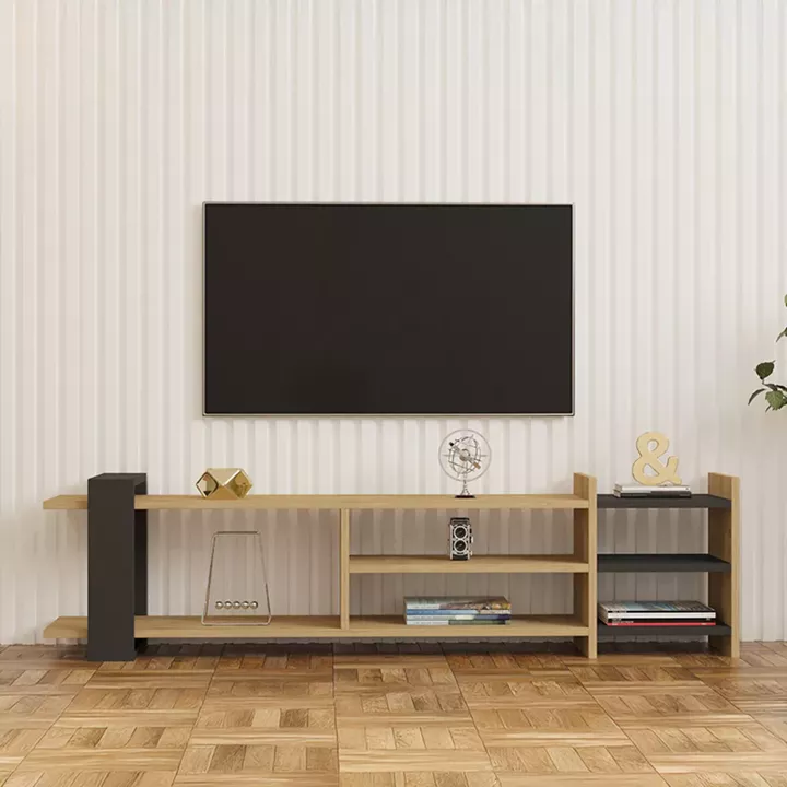 Έπιπλο τηλεόρασης Rinia pakoworld σε oak-ανθρακί απόχρωση 153,60x26x40εκ