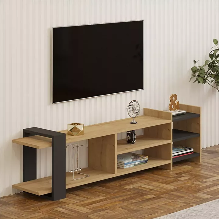 Έπιπλο τηλεόρασης Rinia pakoworld σε oak-ανθρακί απόχρωση 153,60x26x40εκ