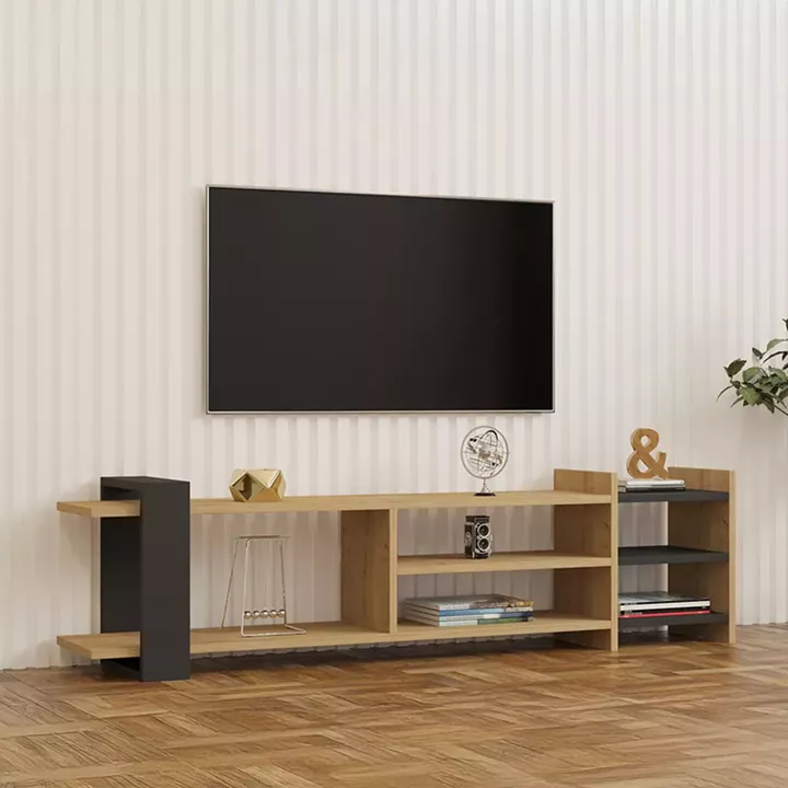 Έπιπλο τηλεόρασης Rinia pakoworld σε oak-ανθρακί απόχρωση 153,60x26x40εκ