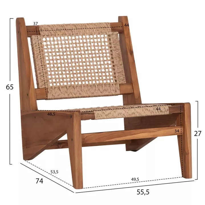 LOUNGE CHAIR LUKILLA HM9913 TEAK WOOD IN NATURAL--SYNTHETIC ROPE IN BEIGE 55.5x74x65Hcm.