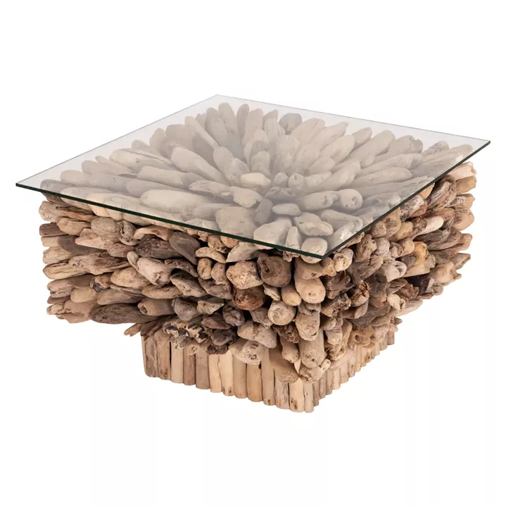 ΤΡΑΠΕΖΙ ΣΑΛΟΝΙΟΥ ΤΕΤΡΑΓΩΝΟ SPARROW HM9961 DRIFTWOOD--ΓΥΑΛΙ 75x75x51Υεκ.