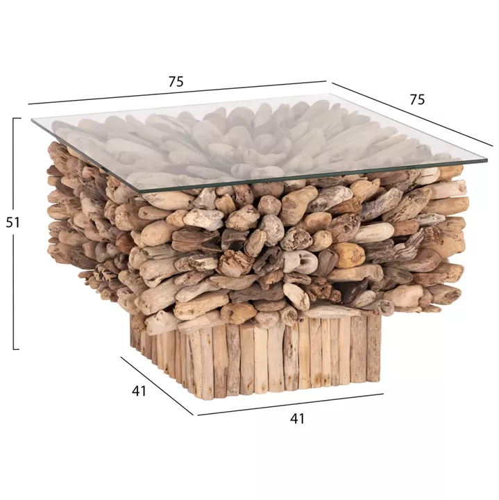 ΤΡΑΠΕΖΙ ΣΑΛΟΝΙΟΥ ΤΕΤΡΑΓΩΝΟ SPARROW HM9961 DRIFTWOOD--ΓΥΑΛΙ 75x75x51Υεκ.