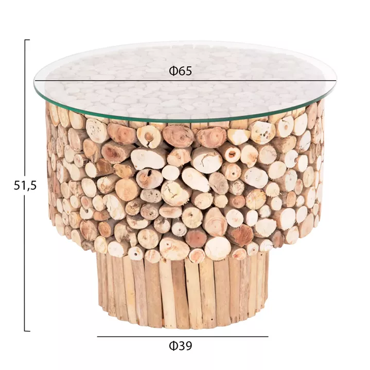 COFFEE TABLE ROUND SPARROW HM9963 DRIFTWOOD--GLASS Φ65x51.5Hcm.