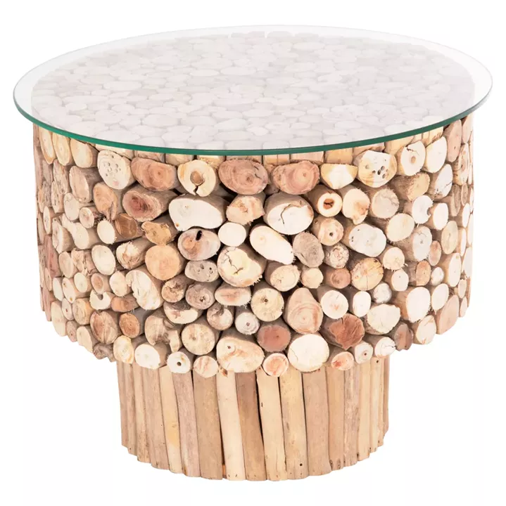 COFFEE TABLE ROUND SPARROW HM9963 DRIFTWOOD--GLASS Φ65x51.5Hcm.