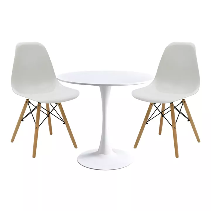 Elijah-Julita pakoworld dining table set of 3 pp-pu in white color with natural legs Φ60x74cm