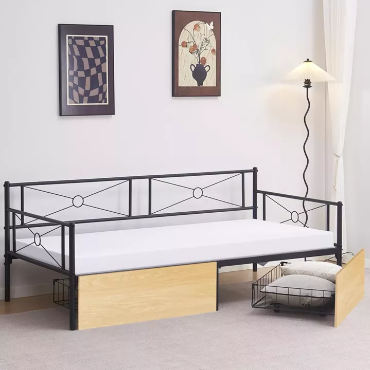 SOFA-BED BERNIE HM21120.02 METAL FRAME IN BLACK & SONAMA DRAWERS- FOR MATTRESS 190x90cm.