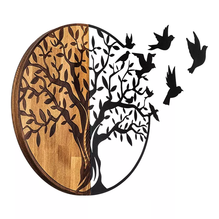 Wall deco Benanje pakoworld pine wood in natural color and black metal 92x3x71cm