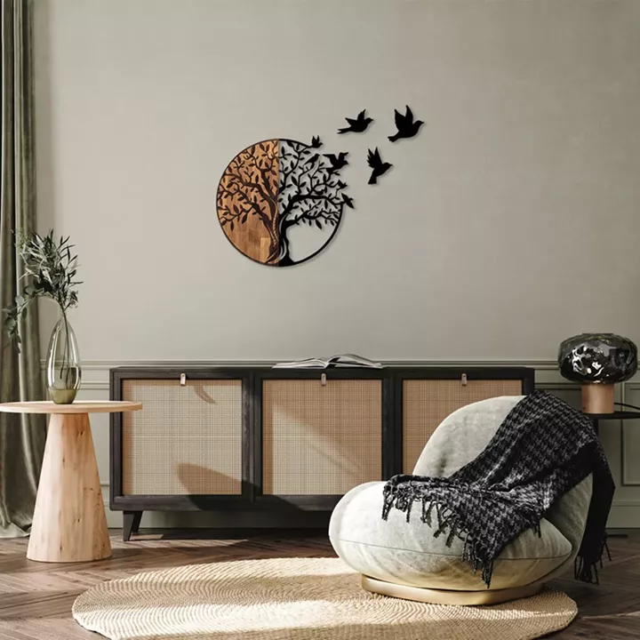 Wall deco Benanje pakoworld pine wood in natural color and black metal 92x3x71cm