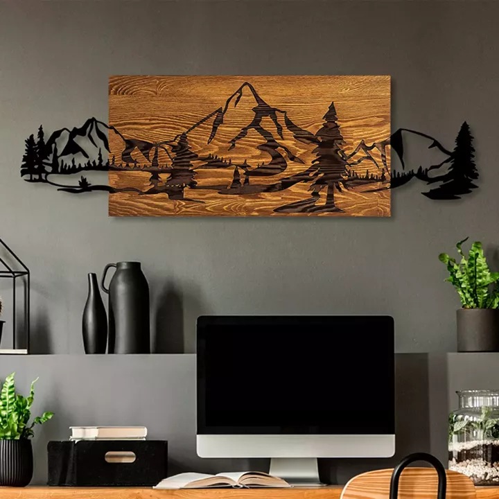 Wall deco Nereve pakoworld pine wood in natural color and black metal 95x3x30cm