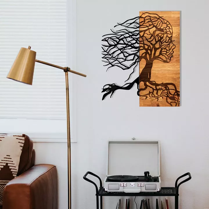 Wall deco Lifel pakoworld pine wood in natural color and black metal 47x3x58cm
