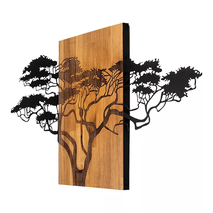 Wall deco Efren pakoworld pine wood in natural color and black metal 144x3x70cm