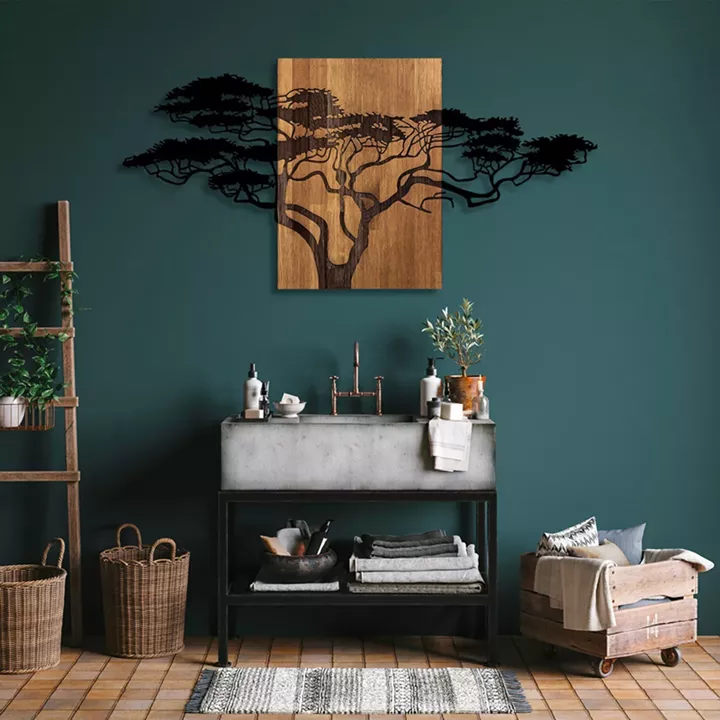 Wall deco Efren pakoworld pine wood in natural color and black metal 144x3x70cm