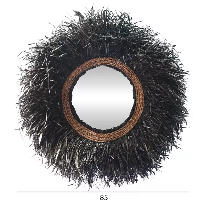DECORATIVE ROUND WALL MIRROR BRENNO HM4713 BANANA FIBERS IN BLACK Φ85cm.