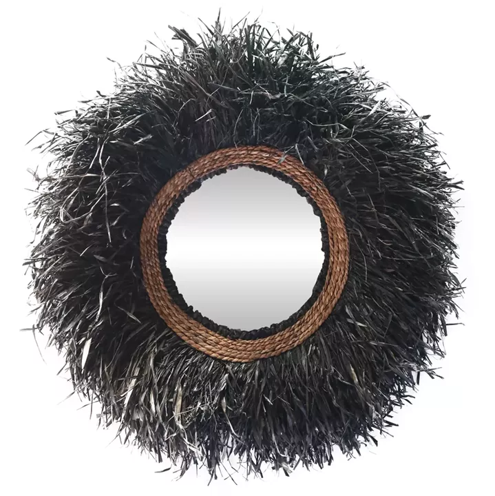 DECORATIVE ROUND WALL MIRROR BRENNO HM4713 BANANA FIBERS IN BLACK Φ85cm.