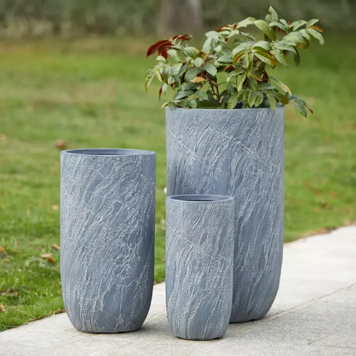 GARDEN PLANTERS CYLINDRICAL SET 3PCS SERIES GARDENER HM4720 FIBERCLAY IN CEMENT COLOR Φ44x78.5Hcm.