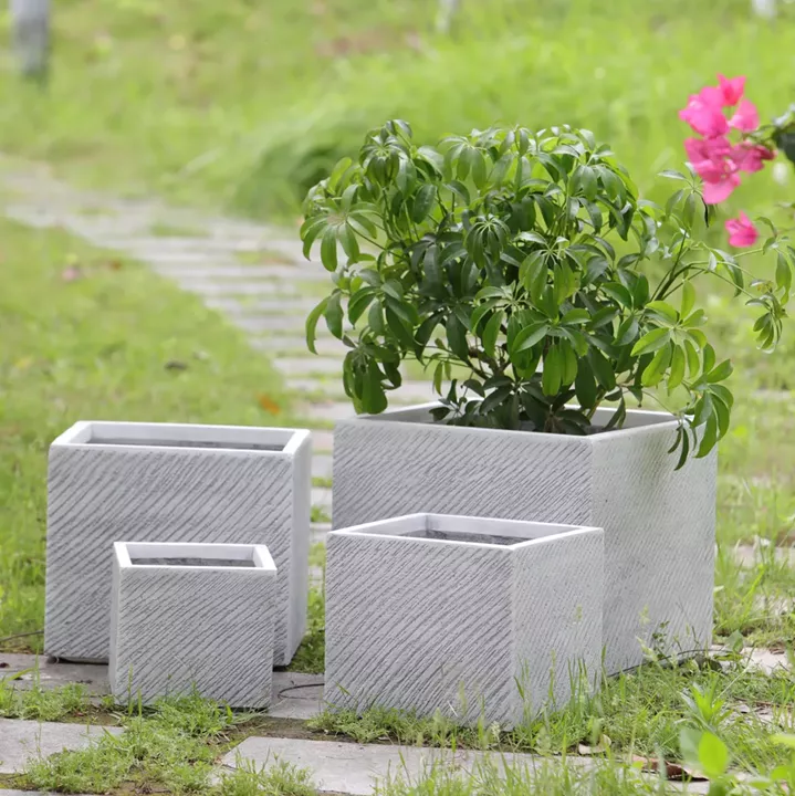 GARDEN PLANTERS SQUARE SET 4PCS GARDENER HM4730 FIBERCLAY IN GREY CEMENT 37x37x31.5Hcm.