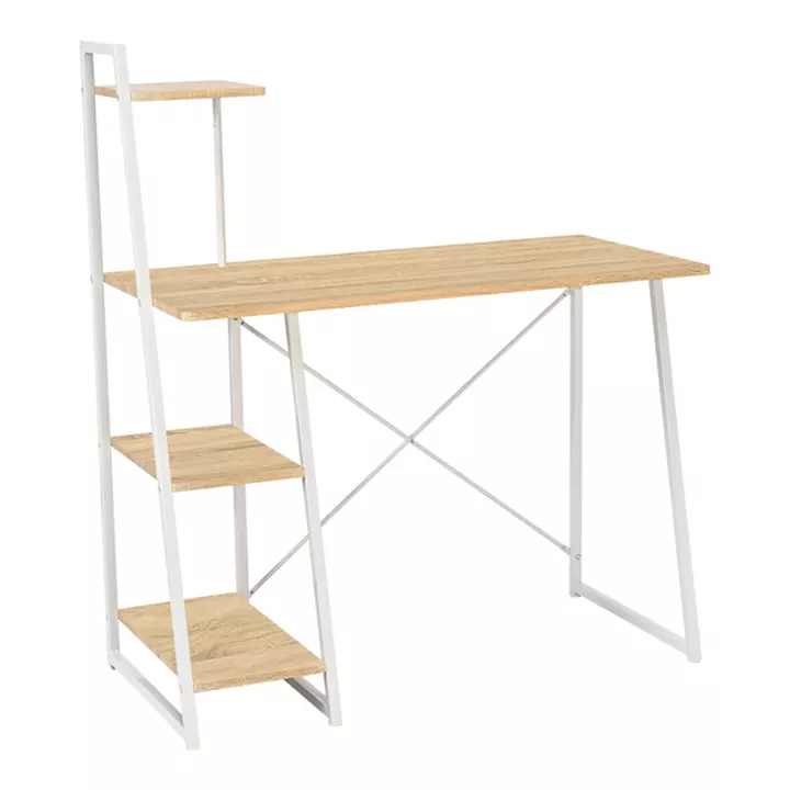 Office desk with shelves Deckstor pakoworld in oak color with white metal legs 102x50x117cm