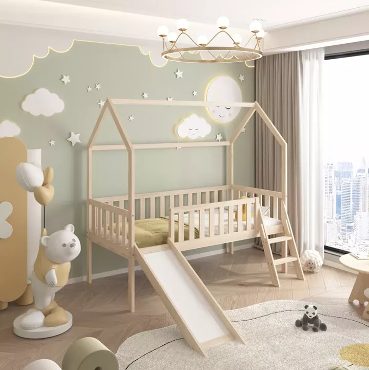 BED FOR KIDS WITH SLIDE PHYLLIS HM701.01 PINE WOOD IN NATURAL FOR MATTRESS 190x90cm.
