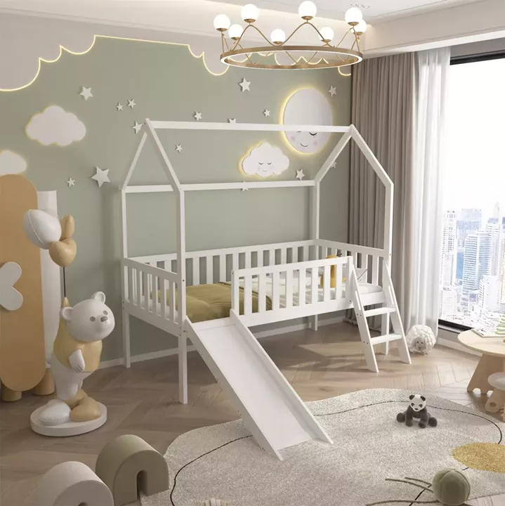 BED FOR KIDS WITH SLIDE PHYLLIS HM701.03 PINE WOOD IN WHITE FOR MATTRESS 190x90cm.