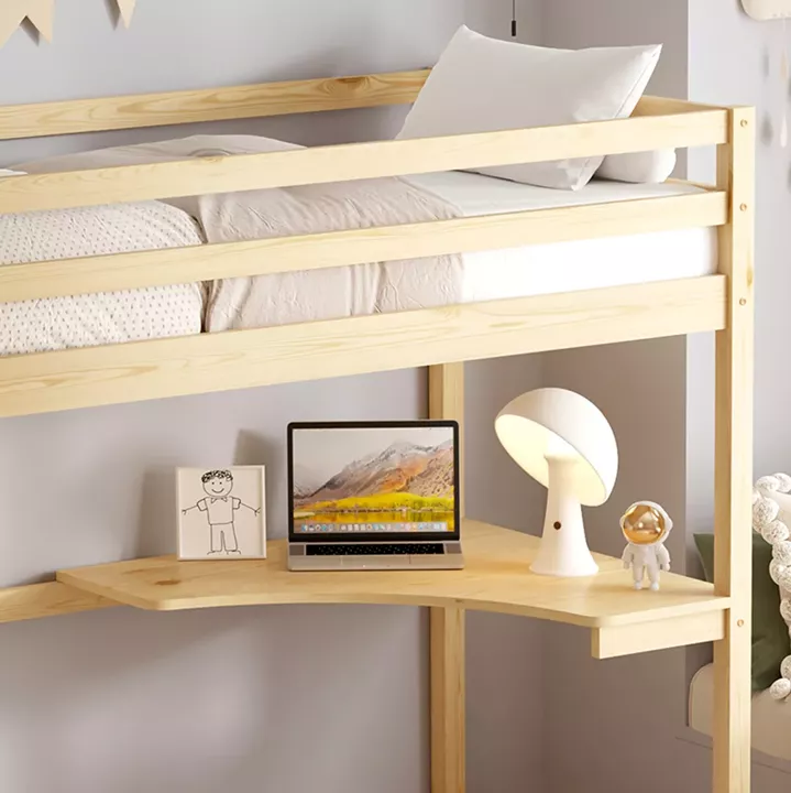KID'S BUNK BED WITH DESK AKRON HM702.01 PINE WOOD IN NATURAL FOR MATTRESS 90x190cm.