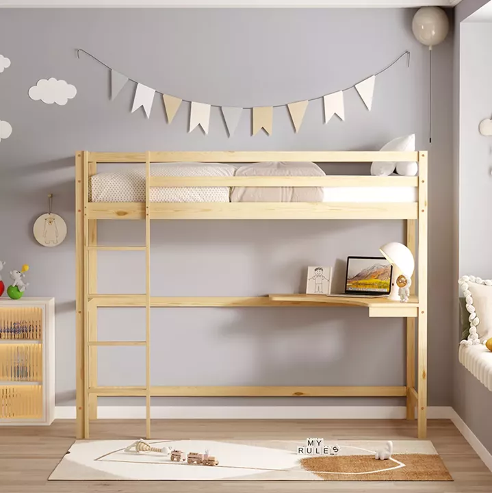 KID'S BUNK BED WITH DESK AKRON HM702.01 PINE WOOD IN NATURAL FOR MATTRESS 90x190cm.