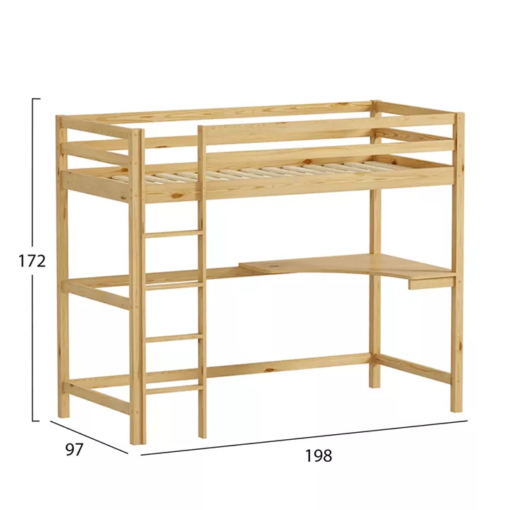 KID'S BUNK BED WITH DESK AKRON HM702.01 PINE WOOD IN NATURAL FOR MATTRESS 90x190cm.
