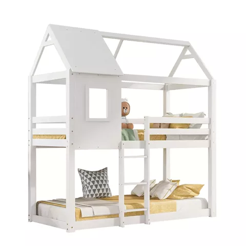 CHILDREN'S BUNKBED HOOD HM705.03 PINE WOOD IN WHITE-MATTRESSES 190x90cm.