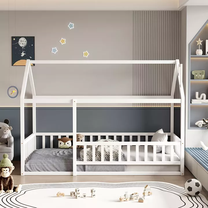 BED FOR KIDS WITH RAILINGS HOUSER HM706.03 t.MONTESSORI SOLID PINE WOOD IN WHITE- 190x90cm.