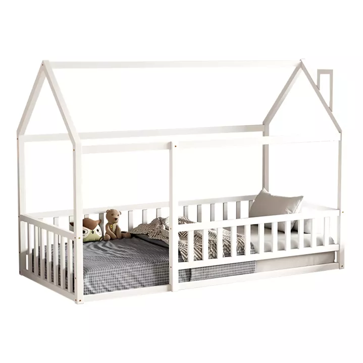 BED FOR KIDS WITH RAILINGS HOUSER HM706.03 t.MONTESSORI SOLID PINE WOOD IN WHITE- 190x90cm.