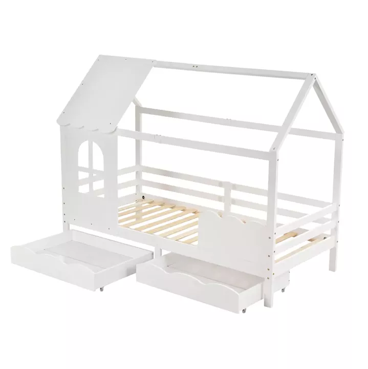 KID'S BED WITH 2 DRAWERS DOMER HM710.03 PINE WOOD IN WHITE-MATTRESS 90x190cm.