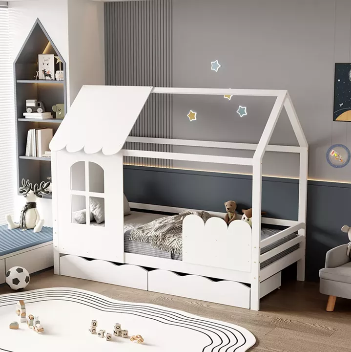 KID'S BED WITH 2 DRAWERS DOMER HM710.03 PINE WOOD IN WHITE-MATTRESS 90x190cm.