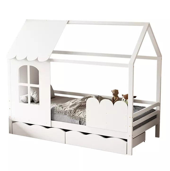 KID'S BED WITH 2 DRAWERS DOMER HM710.03 PINE WOOD IN WHITE-MATTRESS 90x190cm.