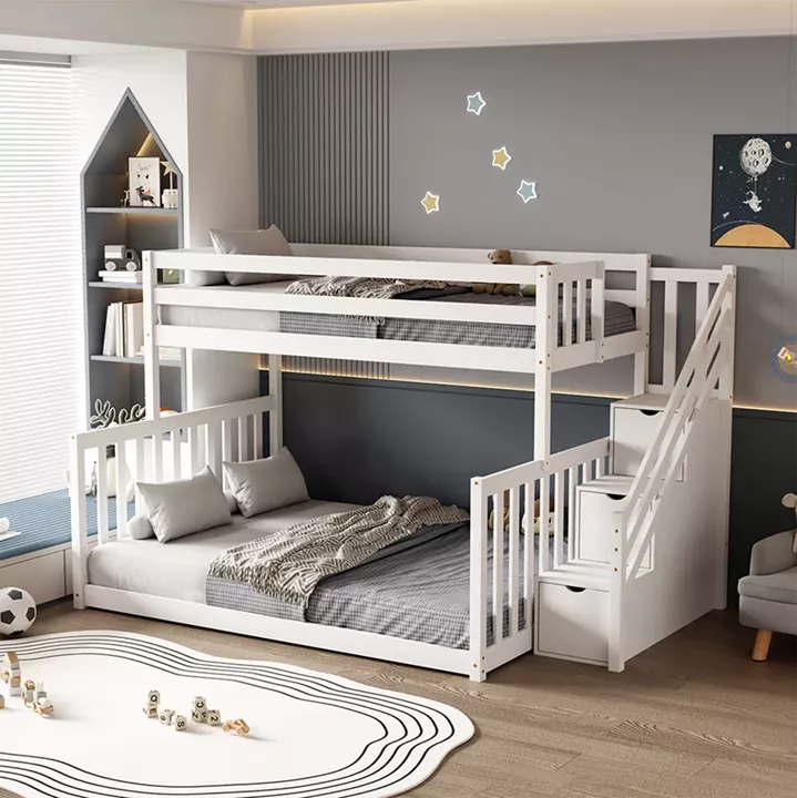 KID'S BUNKBED BEAMER HM711.03 PINE WOOD IN WHITE-MATTRESSES 90-140x190cm.
