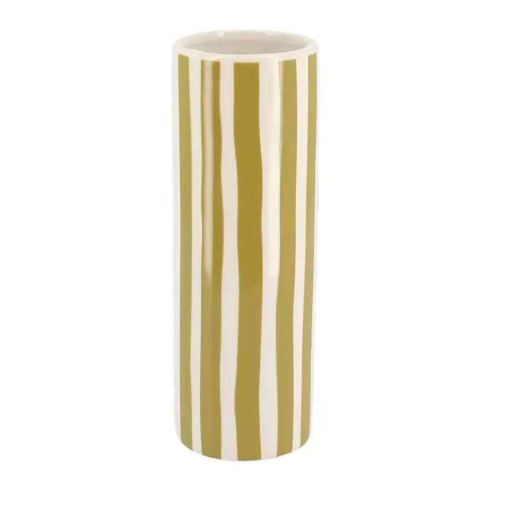 Beauty Home Κεραμικό Βάζο Délia Ριγέ Λαδί – Λευκό 5,5 x 16 CM