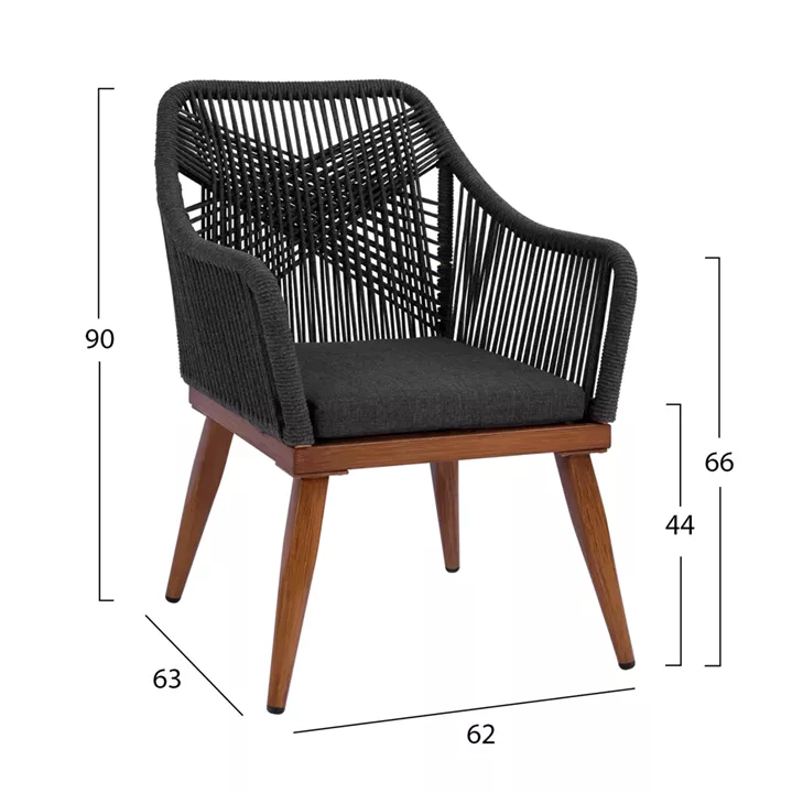 ALUMINUM ARMCHAIR MYRTIA HM5549.11 GREY ROPE - WALNUT COLORED LEGS 62x63x90Hcm