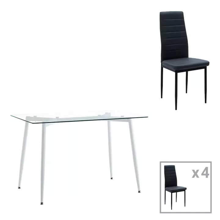 Dining table set of 5 pieces Quana-Parker pakoworld clear glass-black color leg 120x70x75cm