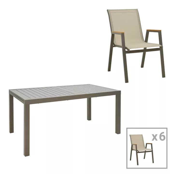 Lafla-Azelie dining table set of 7 pakoworld champagne aluminum and plywood in natural shade 160-240x100x75cm