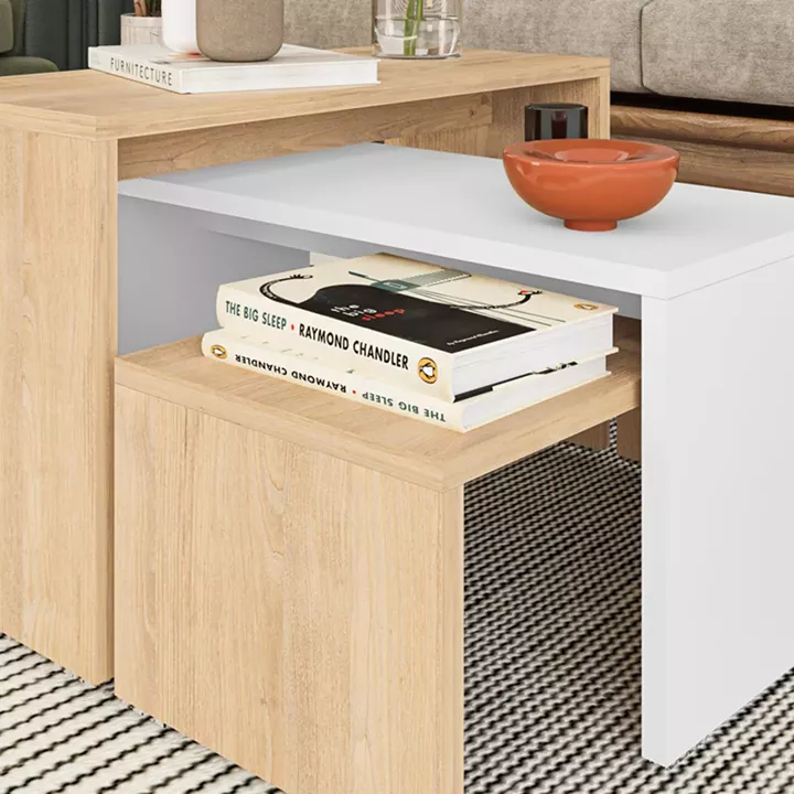 Kantar pakoworld coffee tables set of 3 in oak-white color 65x30x39cm