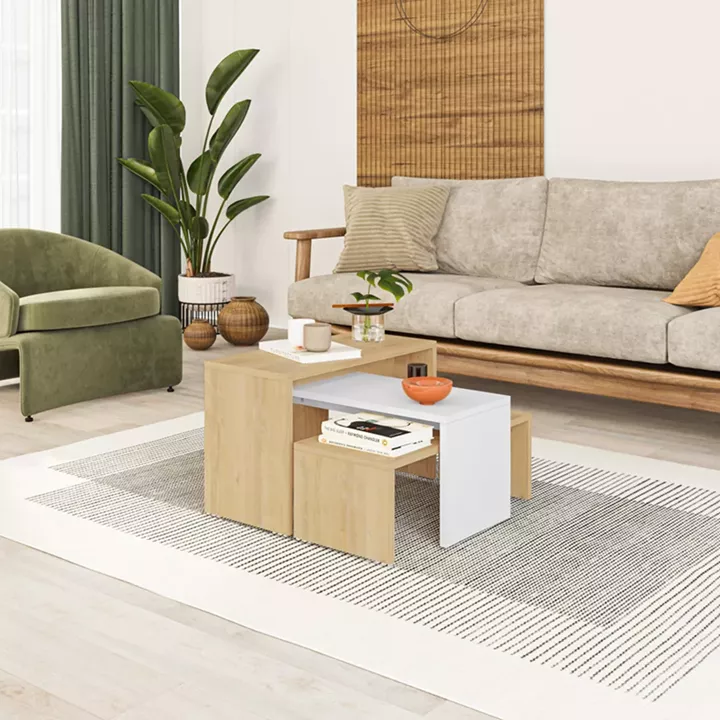 Kantar pakoworld coffee tables set of 3 in oak-white color 65x30x39cm