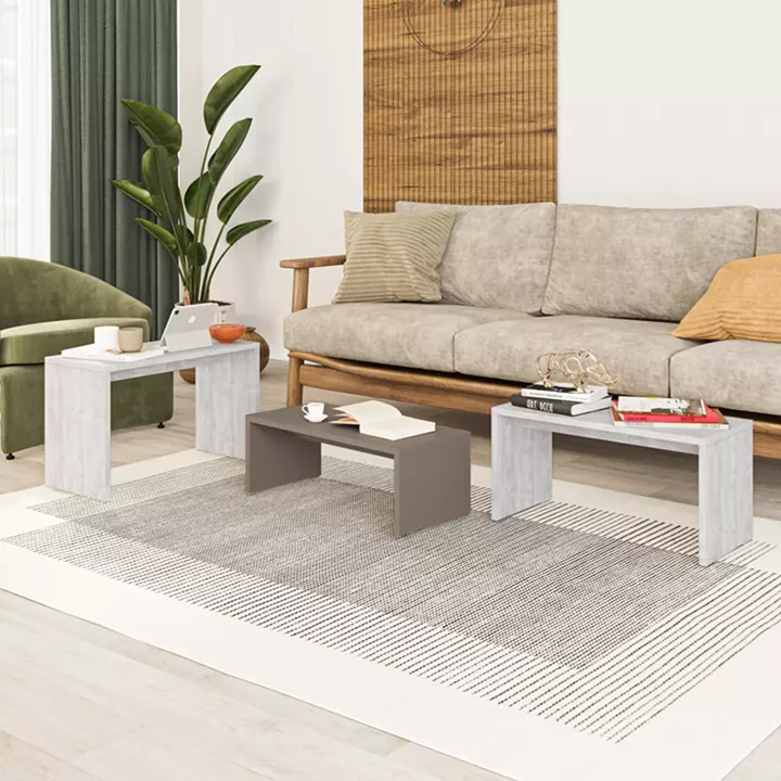 Kantar pakoworld coffee tables set of 3 in antique white - mocha color 65x30x39cm