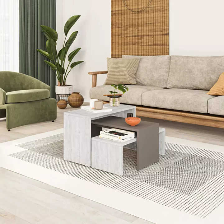 Kantar pakoworld coffee tables set of 3 in antique white - mocha color 65x30x39cm