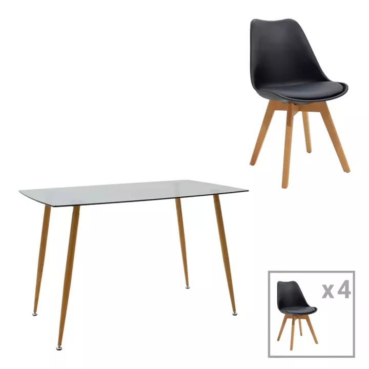 Chloe -Gaston pakoworld dining table set of 5 pieces, 8mm anthracite glass - natural leg 120x70x75cm