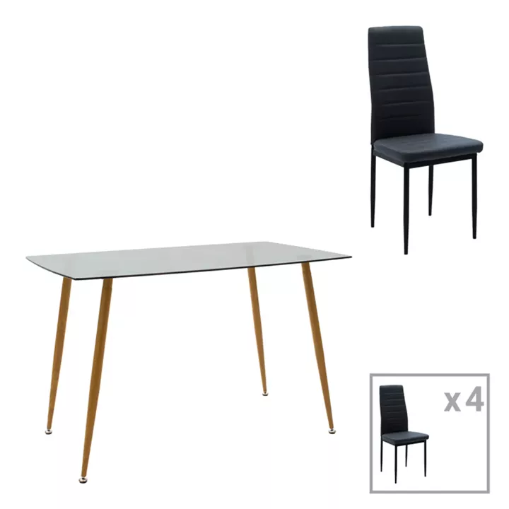 Dining table set of 5 pieces Chloe-Parker pakoworld glass in dark grey-natural color 120x70x75cm