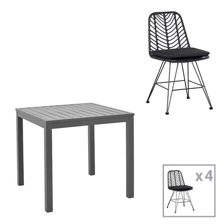 Kliton-Naoki dining table set of 5 pakoworld anthracite aluminum and metal in black shade 80x80x74cm